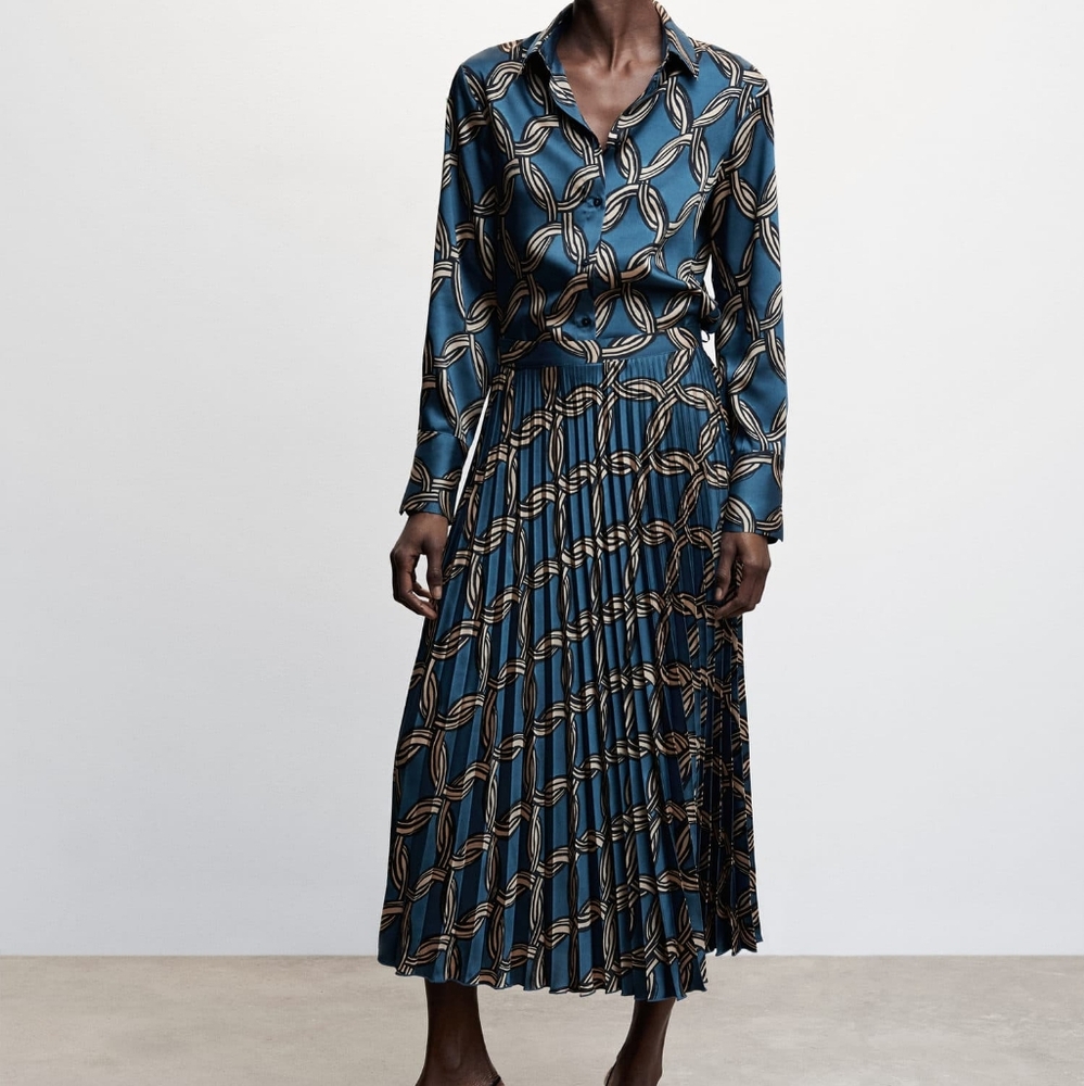 Mango Set Shirt & Pleated Skirt geometric Lagoon Blue sz S, LBNWT
